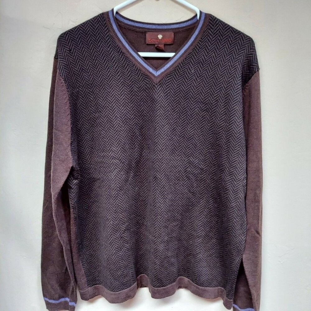 Toscano Men's Knit V-Neck Pullover Sweater Medium Merino Wool Chevron Brown
